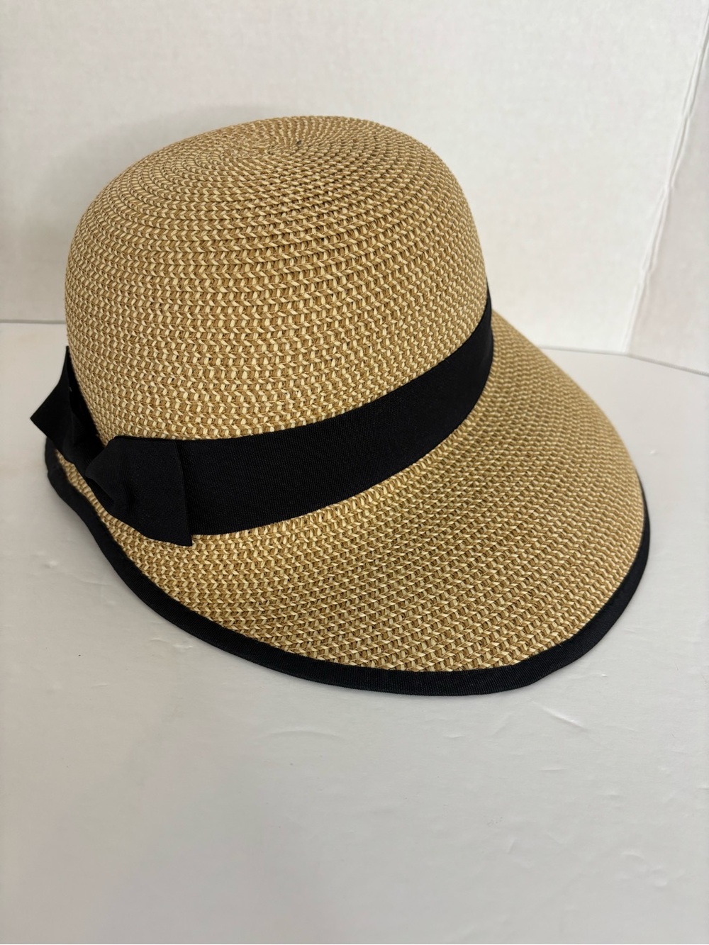 Magid Tan Straw Cloche Hat with Black Band